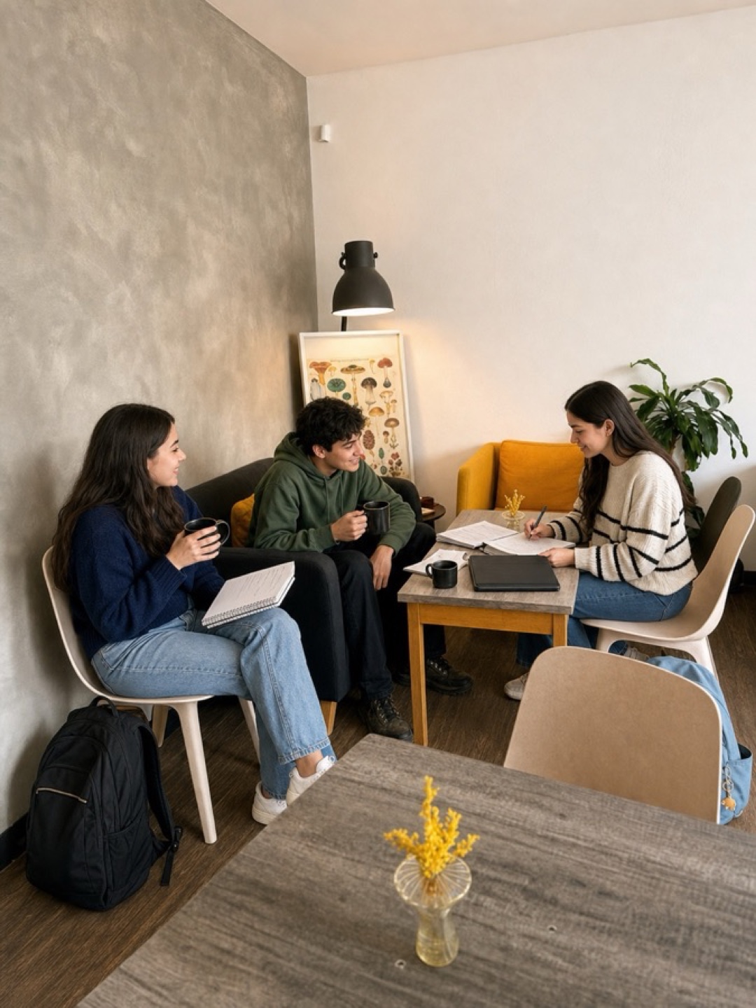 Tres estudiantes universitarios jóvenes estudian y comparten café en Better Mood Coffee La Paz
