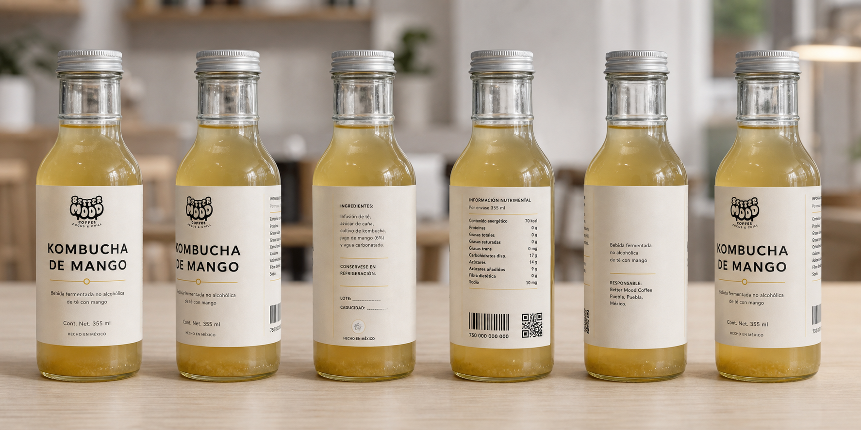 Vista de etiqueta y botella de kombucha de mango Better Mood